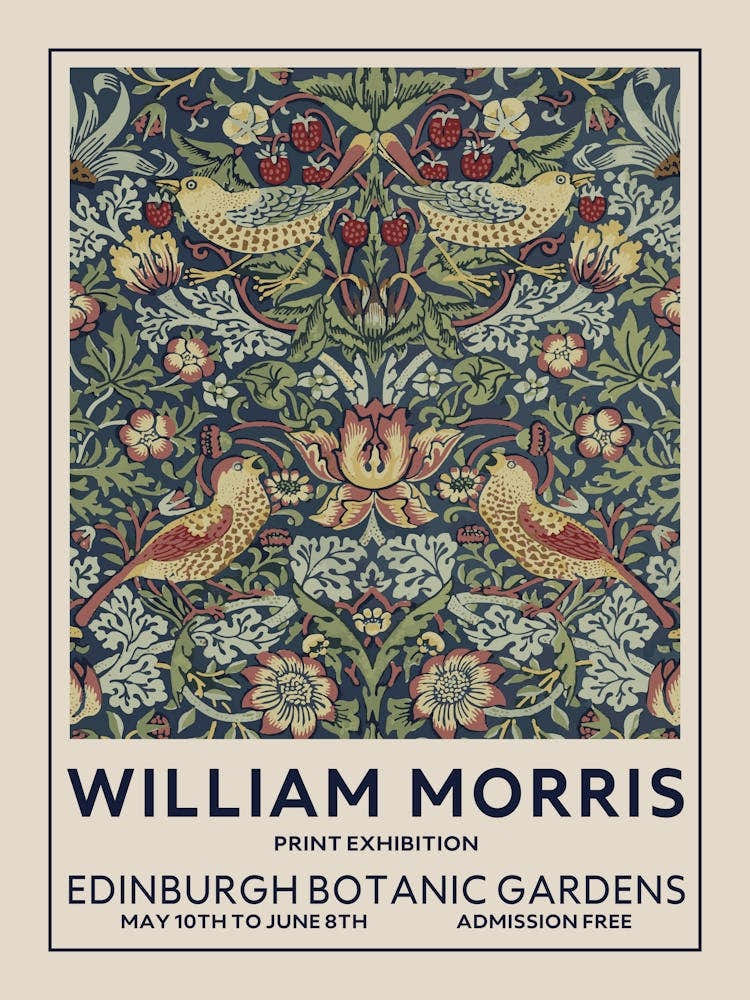 William Morris Mid Century Modern Wall Art Strawberry Thief Bird Print Edinburgh Botanic Gardens Vintage Decor