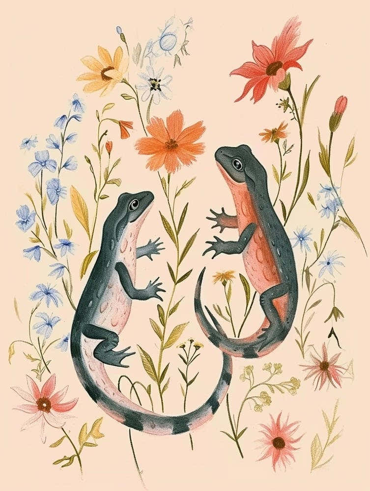Folksy Floral Animal Drawing Salamander 3