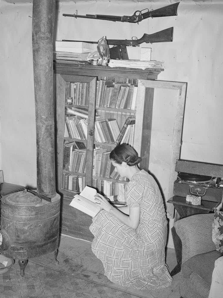 Wife Of Farmer At Her Bookcase In Her Log Home, Pie Town, New Mexico By Russell Lee