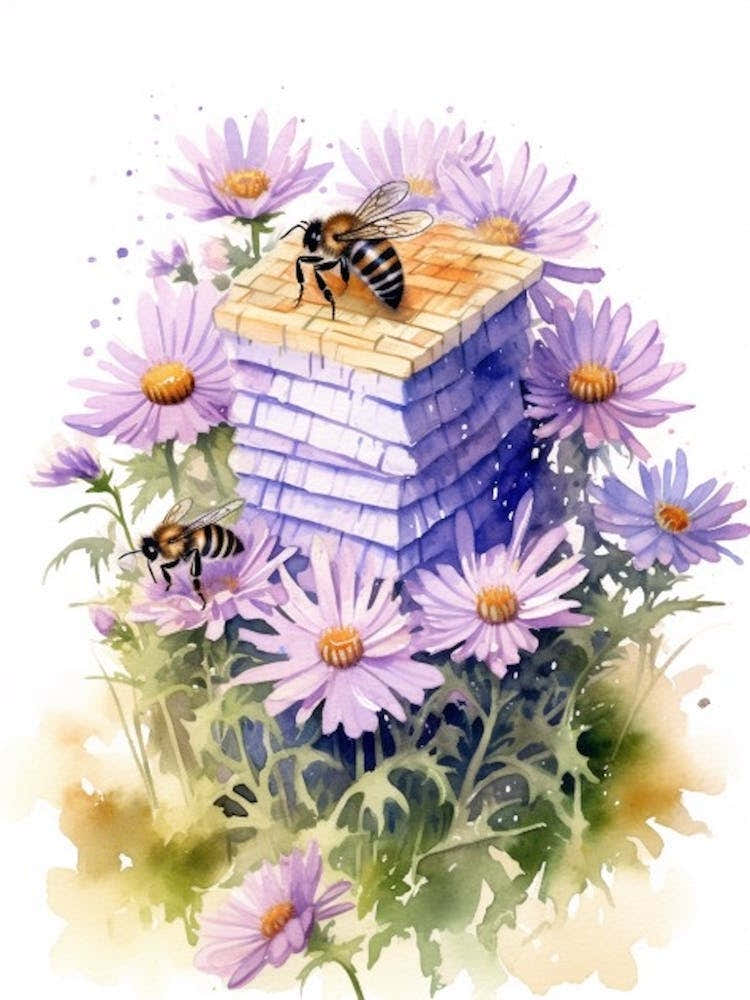 Beehive With Aster Watercolour Illustration 4