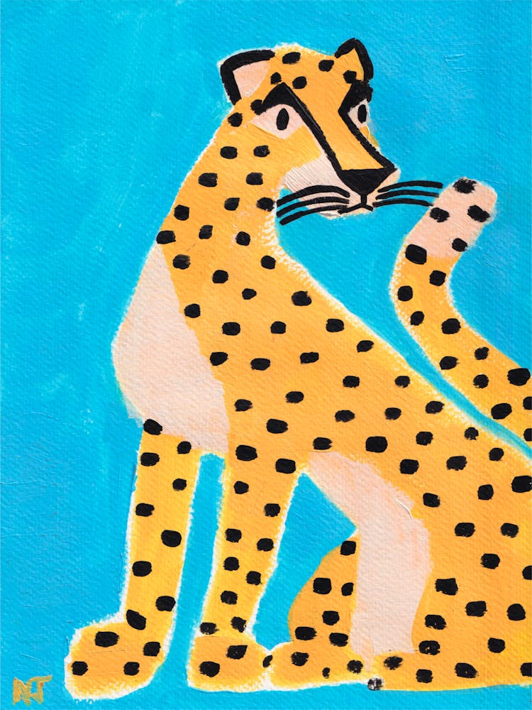 Leopard On Blue Original Painting Animal Wall Art Poster Trendy Aesthetic Home Decor Nursery Kid's Room
