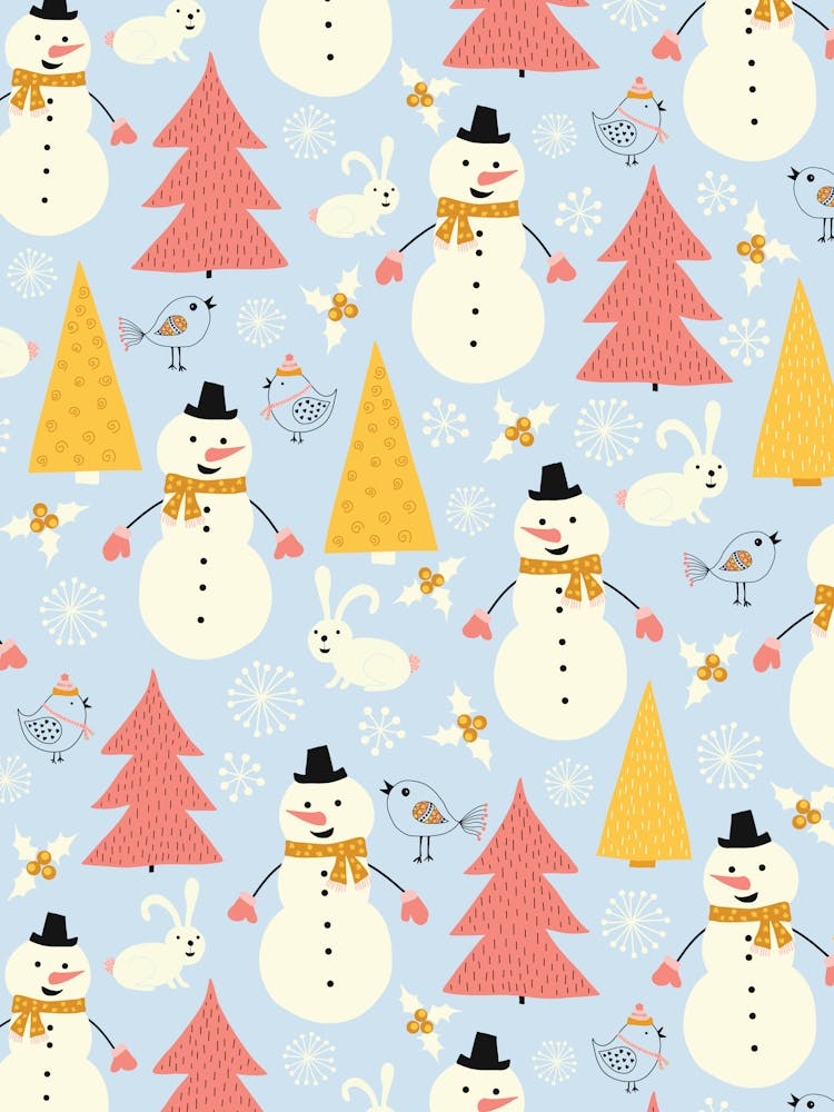 Winter Snowmen Evergreen Doodle Forest Yellow, Pink, and Light Blue
