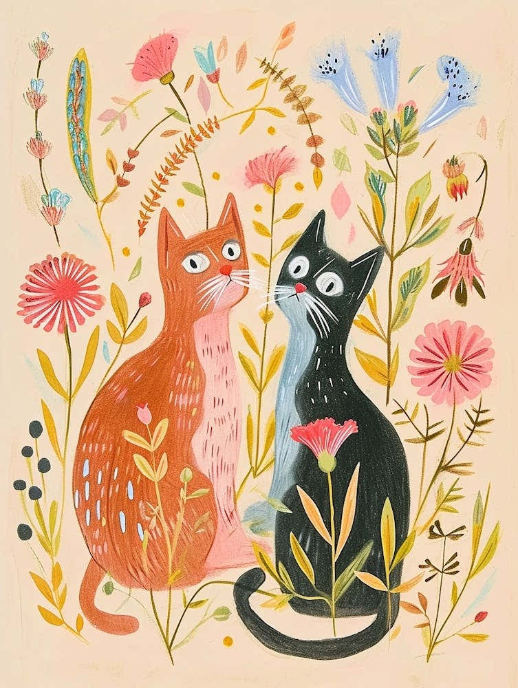 Folksy Floral Animal Drawing Cat 8