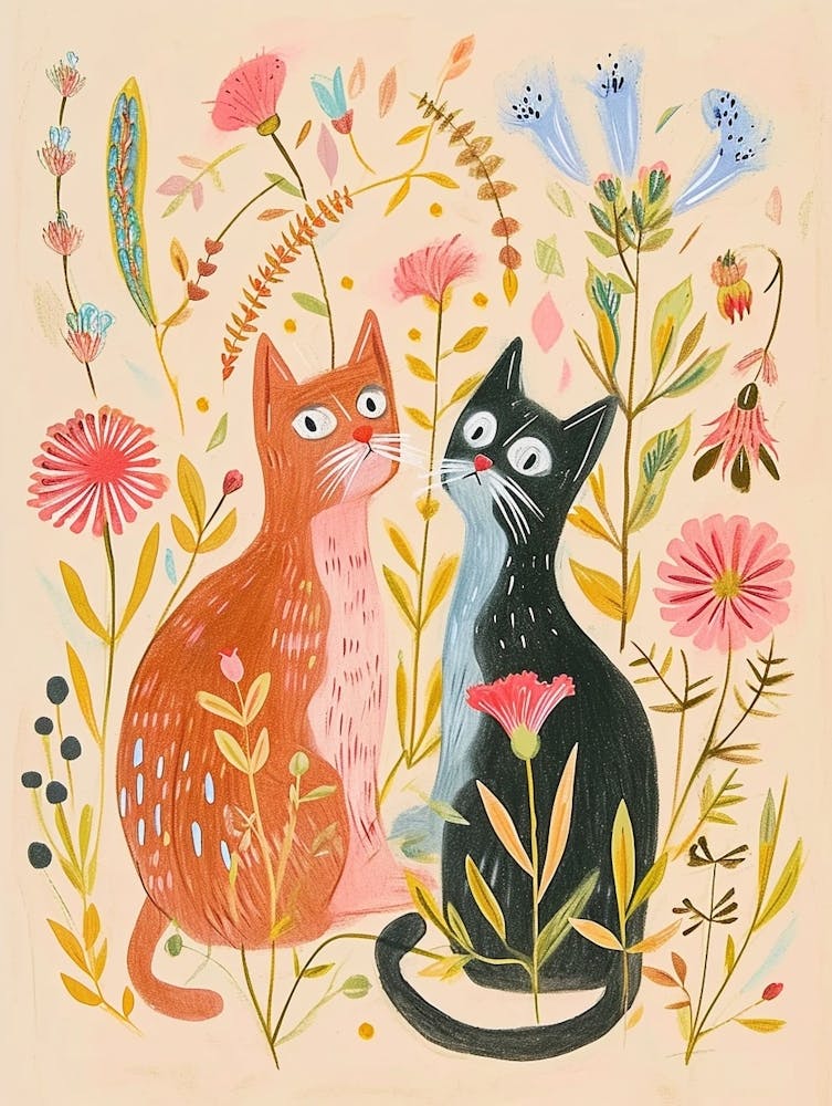 Folksy Floral Animal Drawing Cat 8