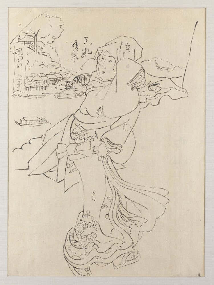 Framed Outline Preparatory Drawing Of A Woman Clutching Kimono Skirts Against Wind; Woman Is Walking With Body In