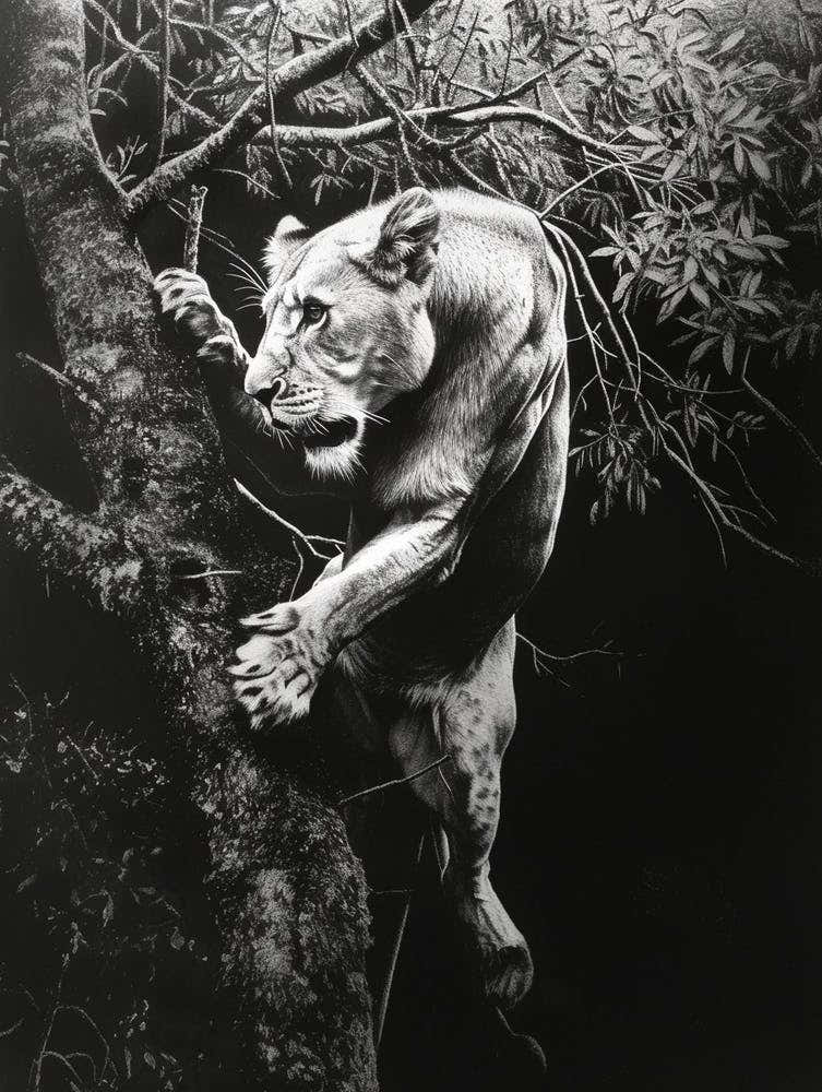 Barbary Lion Charcoal Drawing Panthera Leo Leo Climbing A Tree 1