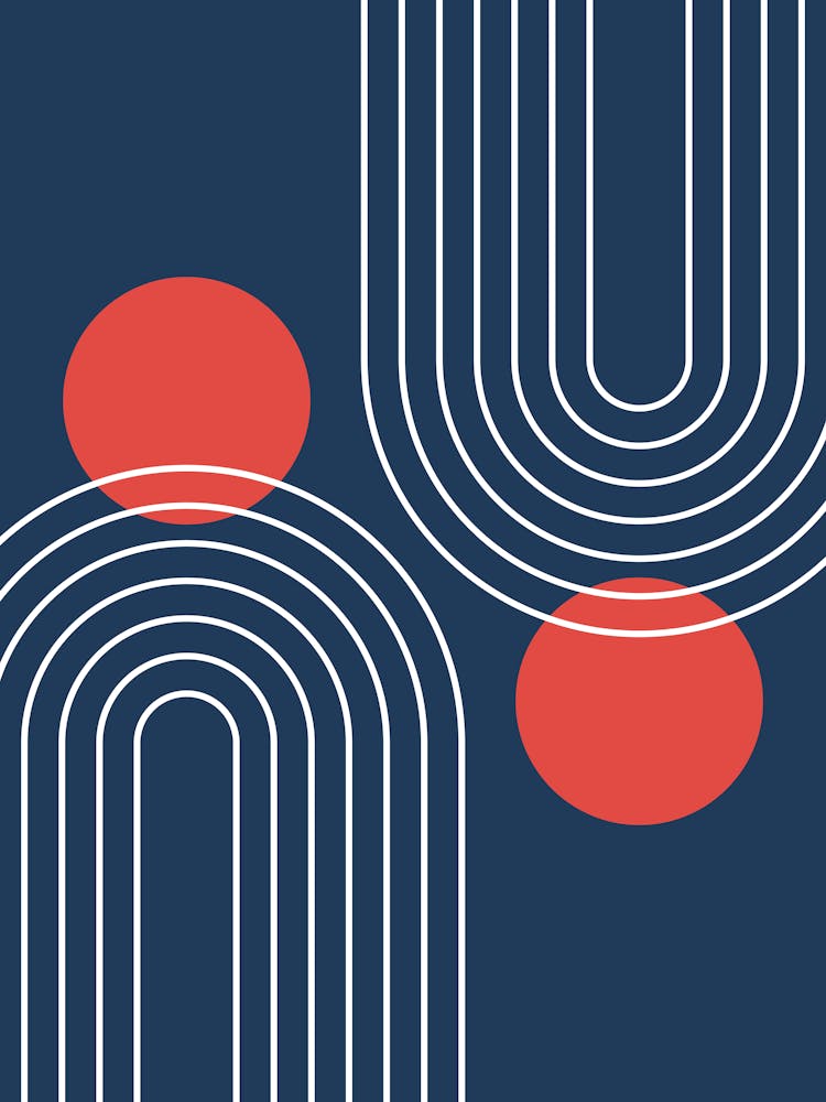 Mid Century Modern Geometric C16 In Navy Blue And Coral (Rainbow And Sun Abstraction) 01