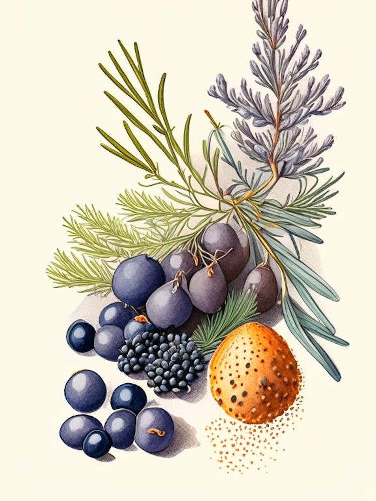 Juniper Berries Spices And Herbs Retro Drawing 1