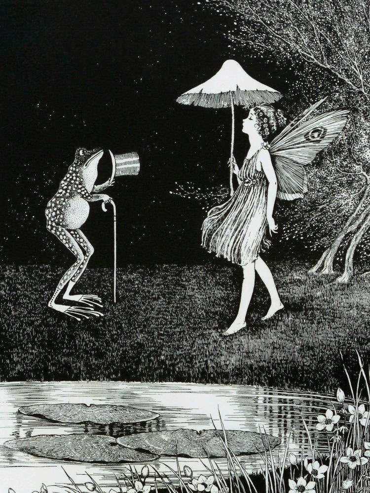 Antique Fairy & Frog - Ida Rentoul Outhwaite 1919 - "Serana Put Up Her Nose In The Air And Marched Past Him" - Pagan Art Deco Witchy Fairycore Illustration Remastered