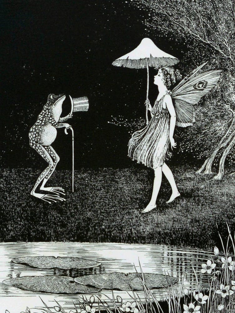 Antique Fairy & Frog - Ida Rentoul Outhwaite 1919 - "Serana Put Up Her Nose In The Air And Marched Past Him" - Pagan Art Deco Witchy Fairycore Illustration Remastered