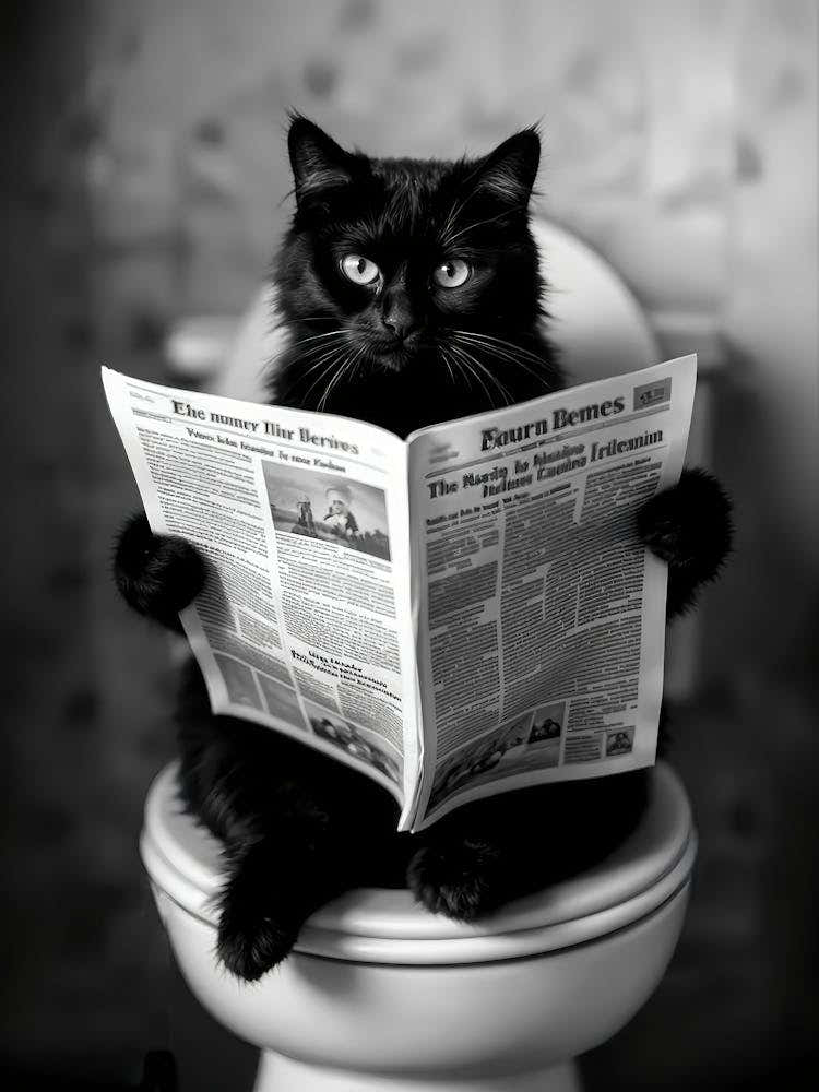 Cat Sitting On Toilet Print, Black Cat Reading Newspaper, Black And White Art, Funny Cat Poster, Bathroom Decor, Cat Gift, Bathroom Wall Art