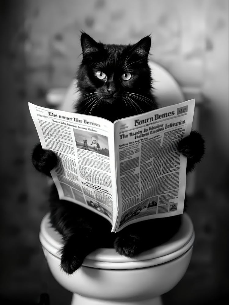 Cat Sitting On Toilet Print, Black Cat Reading Newspaper, Black And White Art, Funny Cat Poster, Bathroom Decor, Cat Gift, Bathroom Wall Art