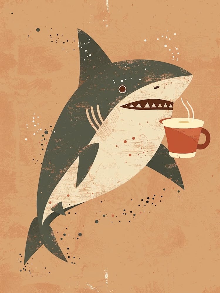 Shark Drinking Coffee Muted Pastels 2