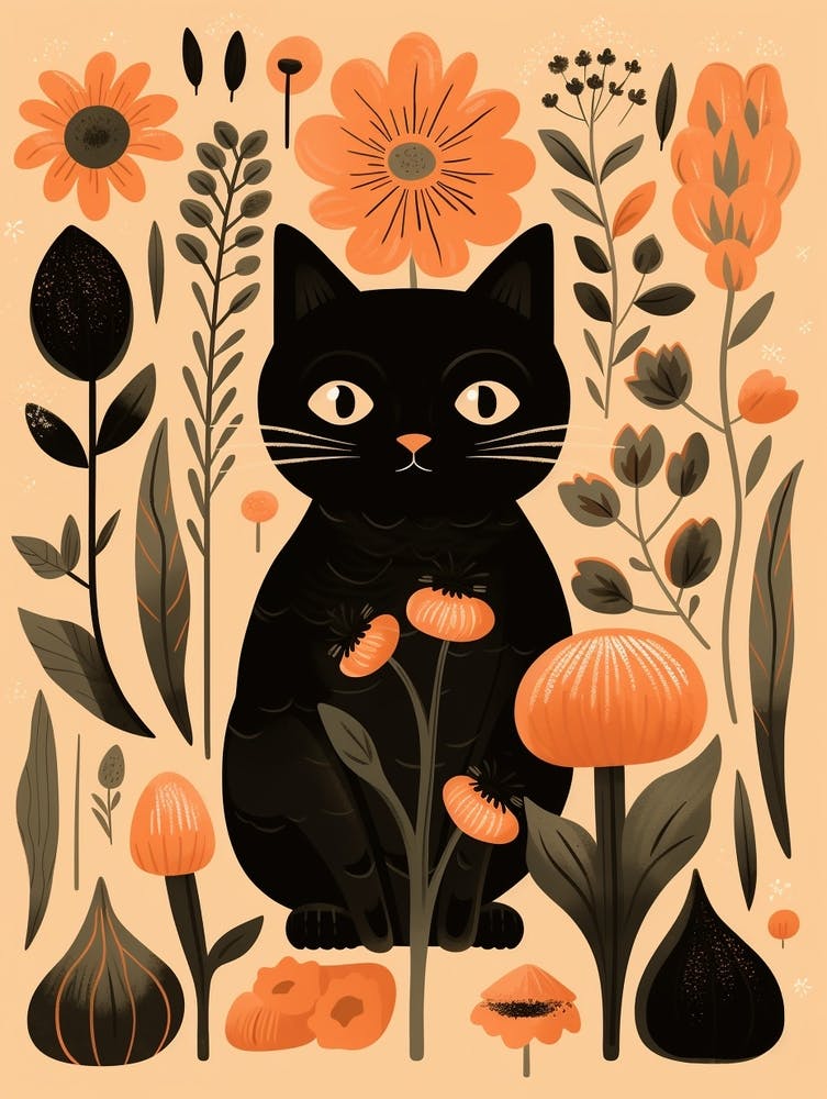 Cute Fall Black Cat Illustration 2