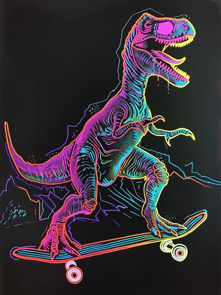 Neon Dinosaur Line Illustration On A Skateboard 1