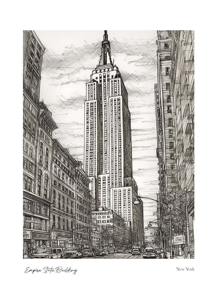 Empire State Building  New York Pencil Sketch 1 Watercolour Travel Poster
