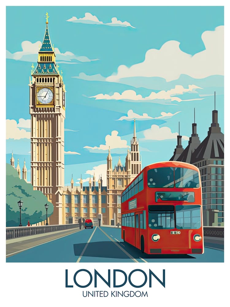 London Travel Print Red Bus United Kingdom Gift
