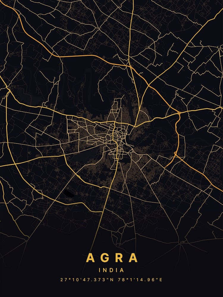 Agra India Black And Gold Map