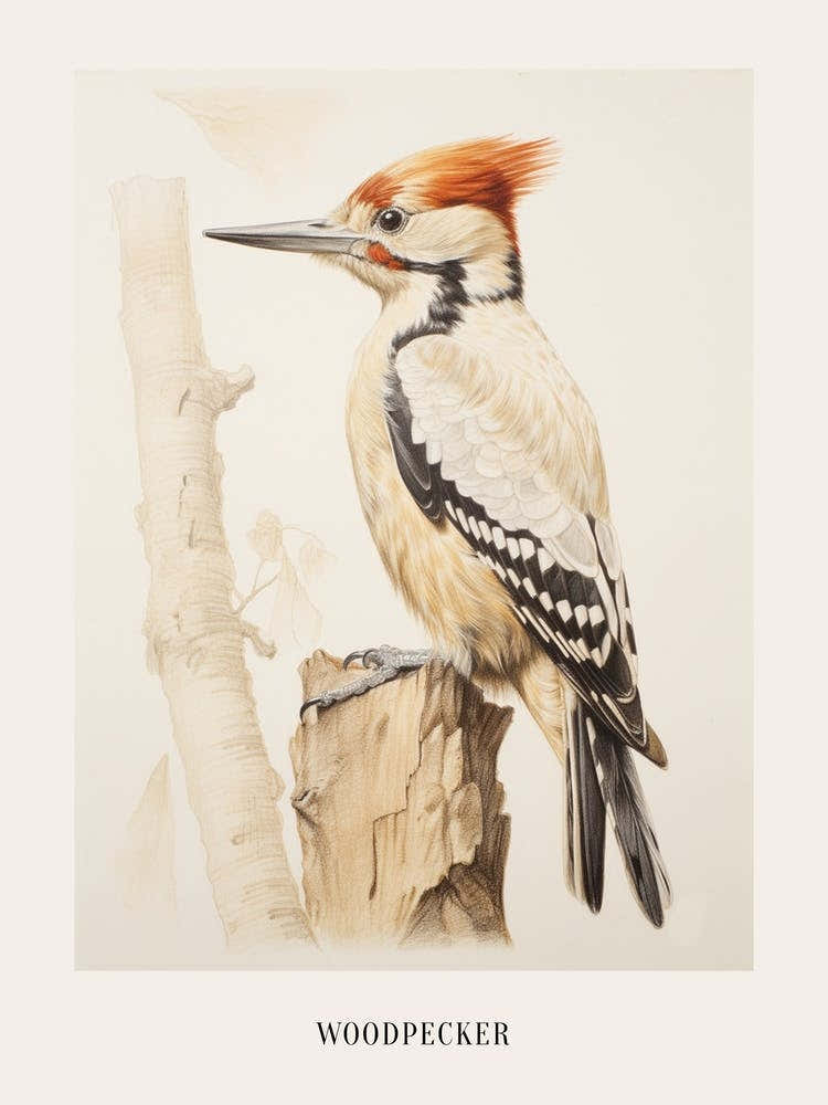 Vintage Bird Drawing Woodpecker 1 Poster