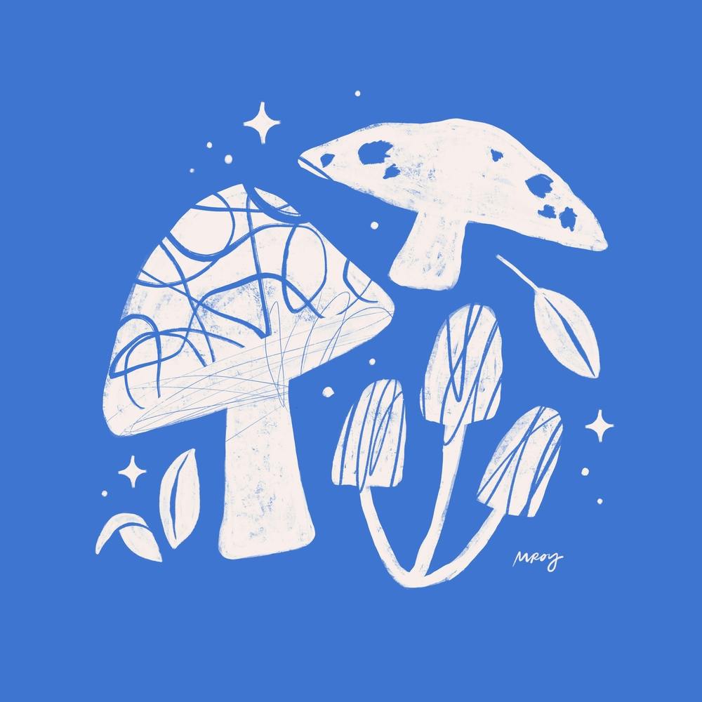 Abstract Mushrooms Blue Square