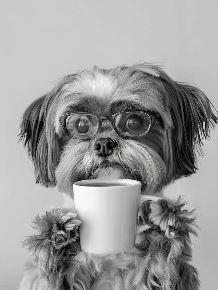 Shih Tzu And Coffee Wall Art, Black And White Print, Coffee Lover Print, Dog Gift, Funny Dog Poster, Coffee Bar Art, Kitchen Wall Decor