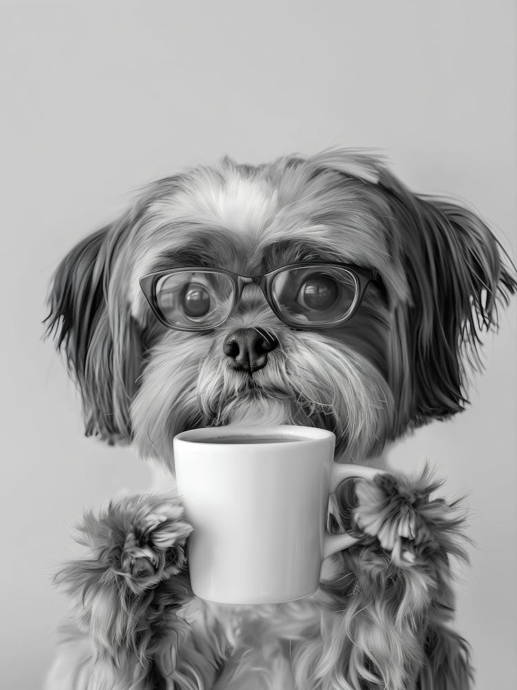 Shih Tzu And Coffee Wall Art, Black And White Print, Coffee Lover Print, Dog Gift, Funny Dog Poster, Coffee Bar Art, Kitchen Wall Decor