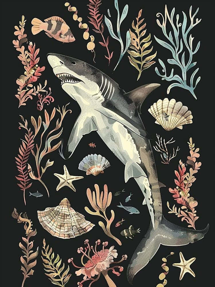 Wobbegong Shark Seascape Black Background Illustration 3