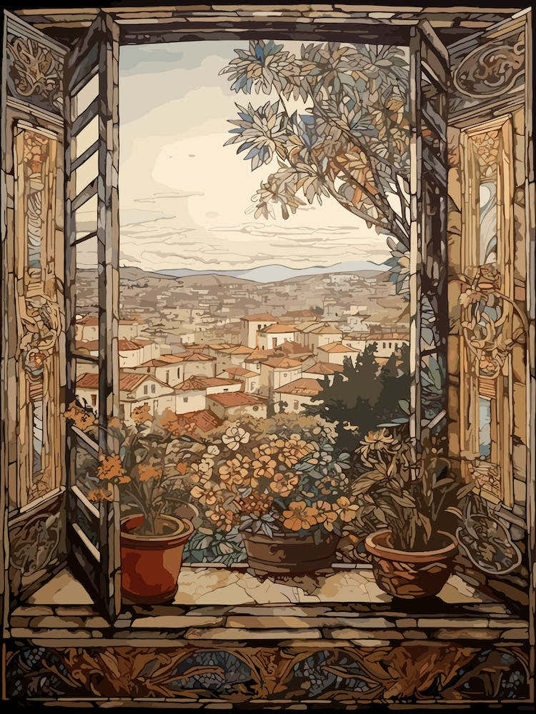 Window View Of Athens Greece In The Style Of William Morris 1
