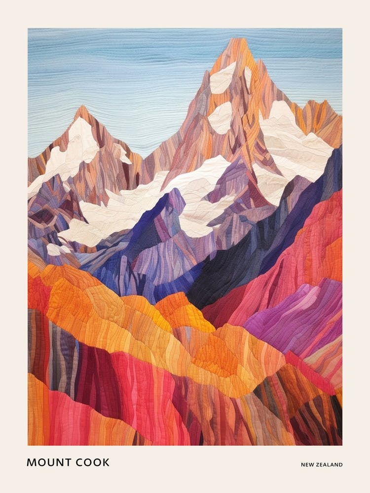 Mount Cook New Zealand 4 Colourful Mountain Illustration Poster