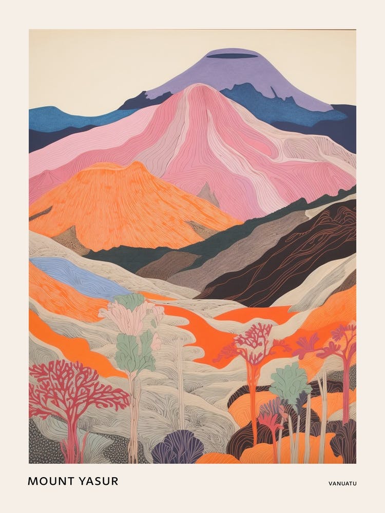 Mount Yasur Vanuatu 2 Colourful Mountain Illustration Poster