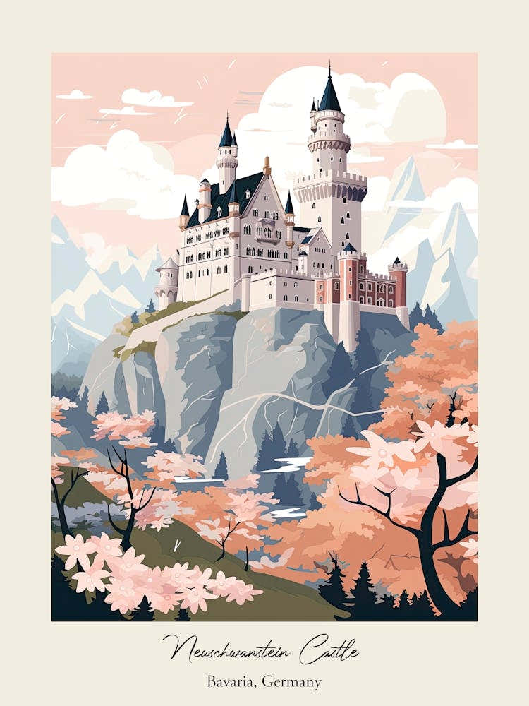 Neuschwanstein Castle   Bavaria, Germany   Cute Botanical Illustration Travel 1 Poster