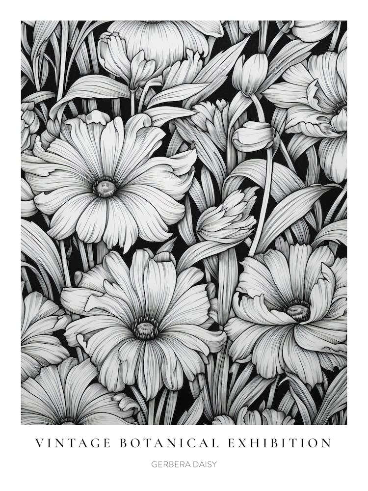 Gerbera Daisy 2 B&W Vintage Botanical Poster