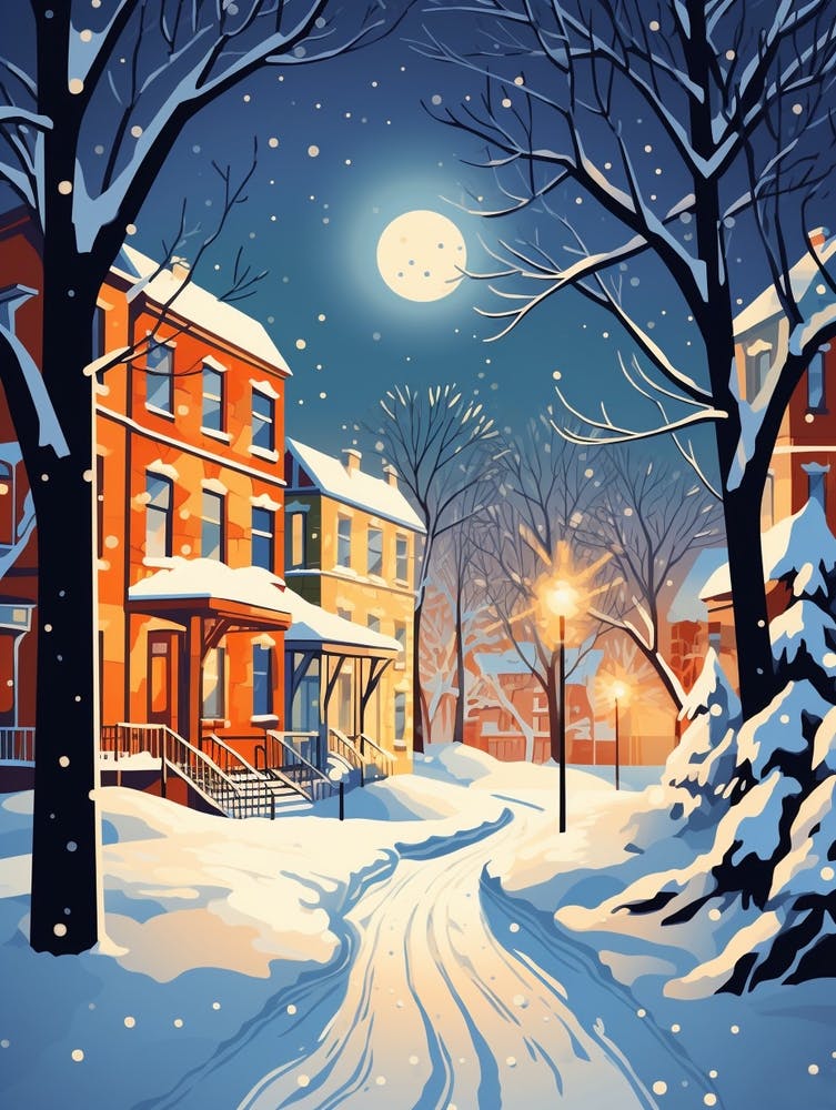 Winter Travel Night Illustration Montreal Canada 2
