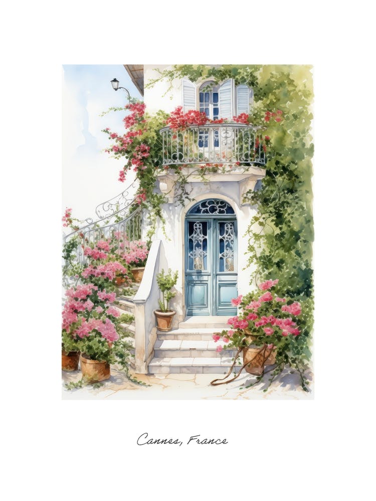 Cannes, France   Mediterranean Doors Watercolour Painting 4 Poster