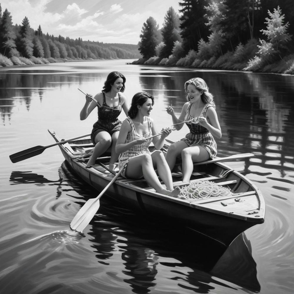 Eating Pasta on a Lake, Three Women On Raft, Funny Black and White Vintage Photo 2