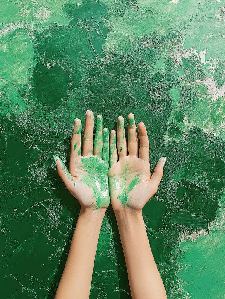 Green Hands Of Young Woman On Green Painting