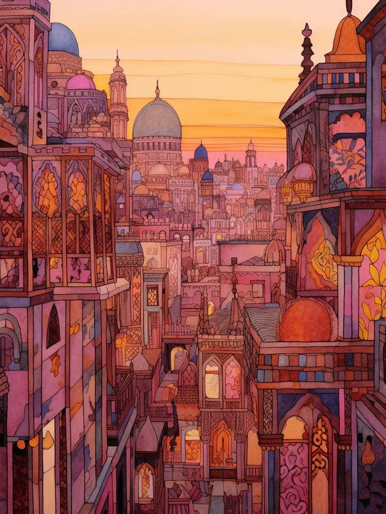 Cairo Egypt 1 Vintage Pink Travel Illustration