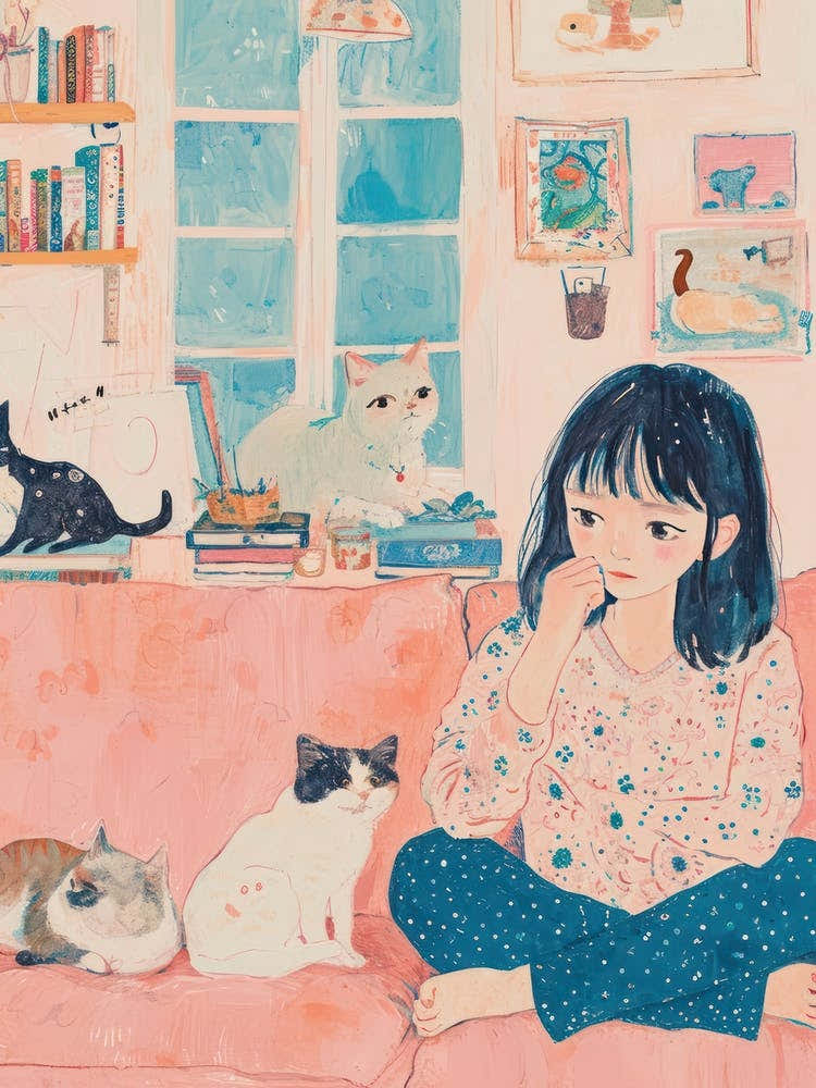 Girl Cat Lover Lo Fi Kawaii Illustration 5