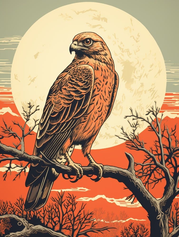 Vintage Bird Linocut Red Tailed Hawk 4