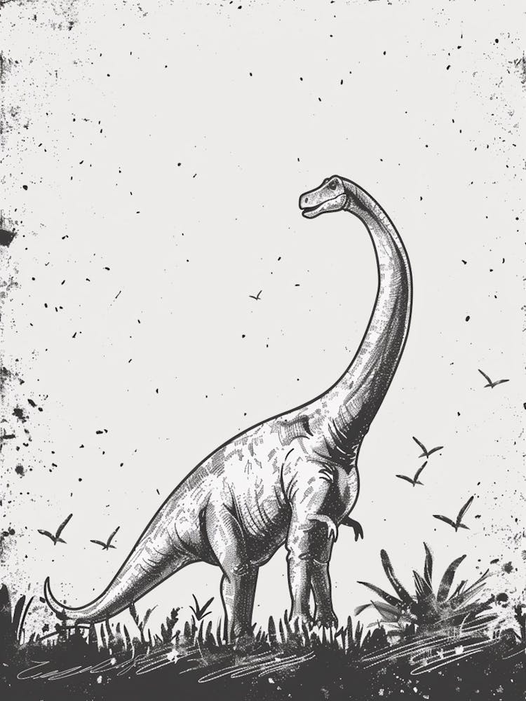 Brachiosaurus Dinosaur Black Ink & Sepia Illustration 1