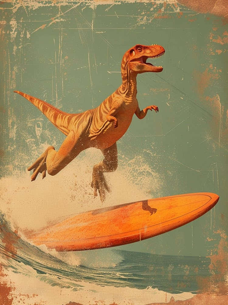 Vintage Heterodontosaurus Dinosaur On A Surf Board 3
