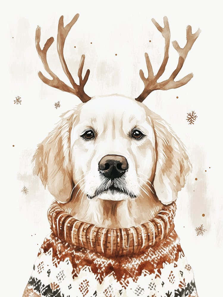 Golden Retriever In Christmas Jumper And Antlers Neutral