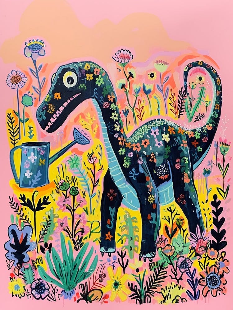 Dinosaur In The Garden Colourful Brushstroke 2