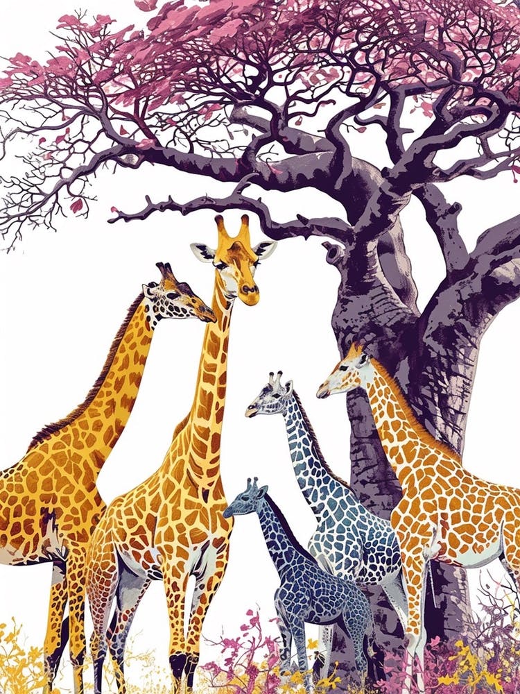 Giraffe Herd Under The Tree Watercolour 4