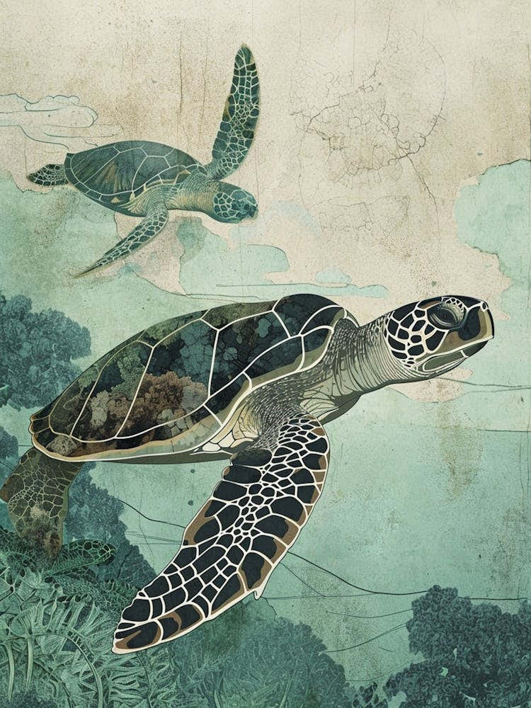 Two Turtles Exploring The Ocean Vintage Illustration