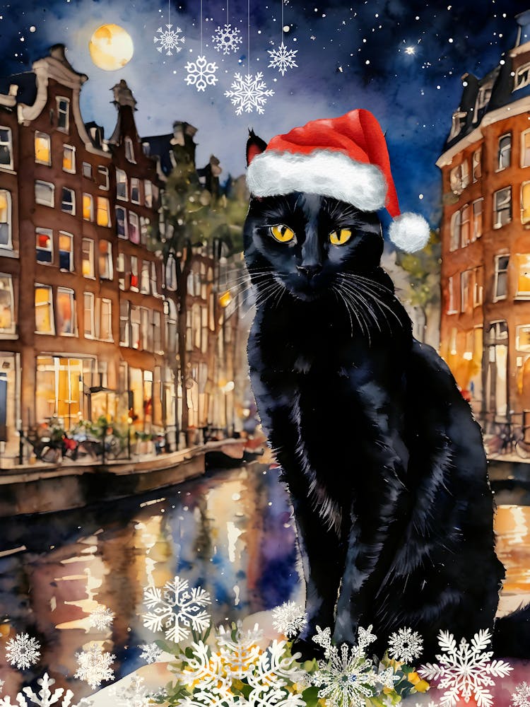 Christmas in Amsterdam ~ Black Cat Wearing a Santa Hat in Old Amsterdam