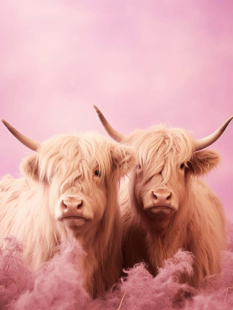 Two Highland Cows Pink Portrait 2