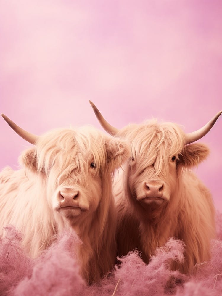 Two Highland Cows Pink Portrait 2