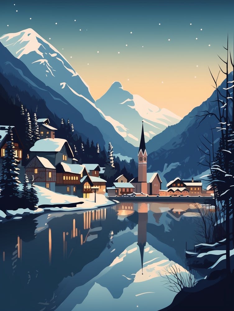Winter Travel Night Illustration Hallstatt Austria 2