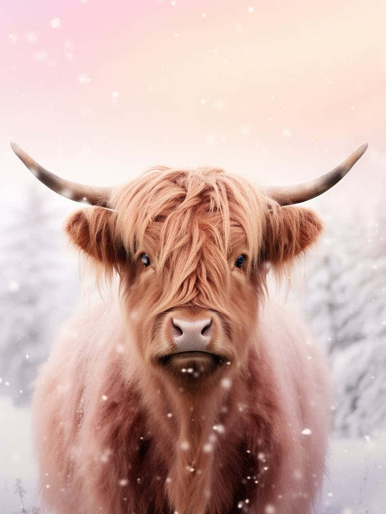 Highland Cow Snow Portrait Pink Filter 4